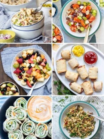 Collage of six different picnic foods from salads to finger foods.