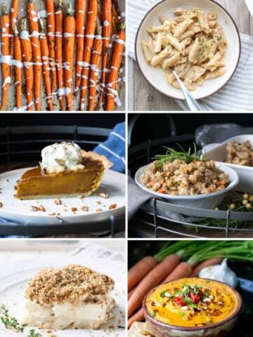 Collage of six photos of food to serve for a full Thanksgiving meal.