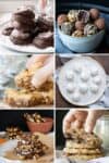 Collage of six kinds of cookies and sweet treats you make for Christmas.