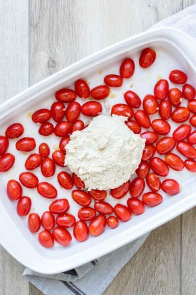 Baked Vegan Feta Tomato Pasta - Veggies Don't Bite