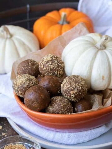 Orange bowl filled with brown colored balls some covered with crushed graham crackers.