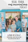 Overlay text on a family update with a family in front of a turquoise VW bus smiling