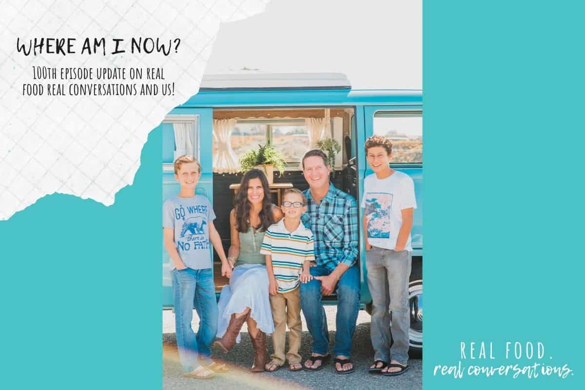 Overlay text on a white background on a turquoise color block with a family in front of a VW bus smiling